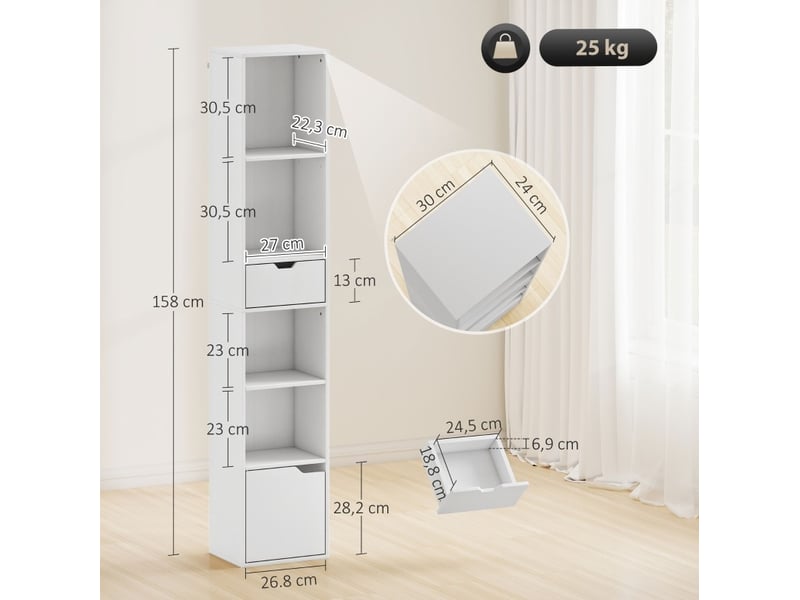  Bibliothèque à 6 niveaux 30 x 24 x 158 cm – blanc – étagère réglable avec tiroir, porte et rangement  - Conforama C