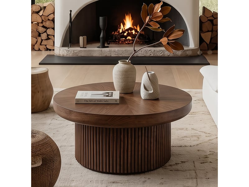  Table basse ronde cannelée 78cm avec plateau en bois véritable et base cylindrique, plateau épaissi, table de cocktail en forme de cercle moderne du milieu du siècle pour salon, petit espace, noyer DG25013 - Conforama B