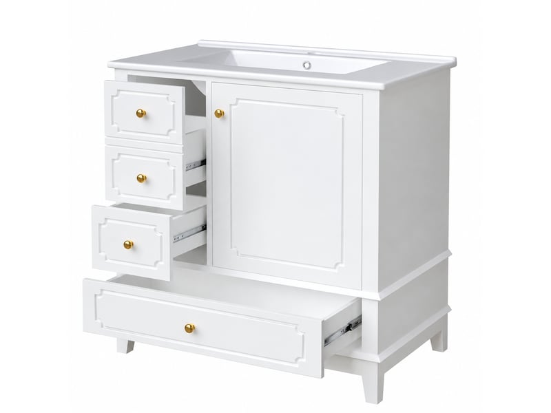  Meuble vasque blanc 76,5 cm avec vasque en céramique et poignées dorées  - Conforama A