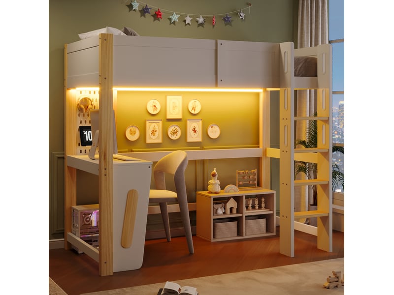 Lit mezzanine 90x200 cm en pin et mdf, naturel et blanc, avec bureau et led - Conforama B