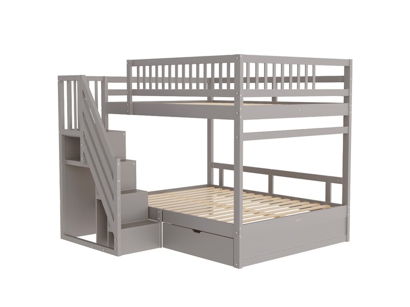  Lit superposé avec escalier-rangement, bois massif gris, 140x200 cm, barrières hautes et tiroirs  - Conforama E