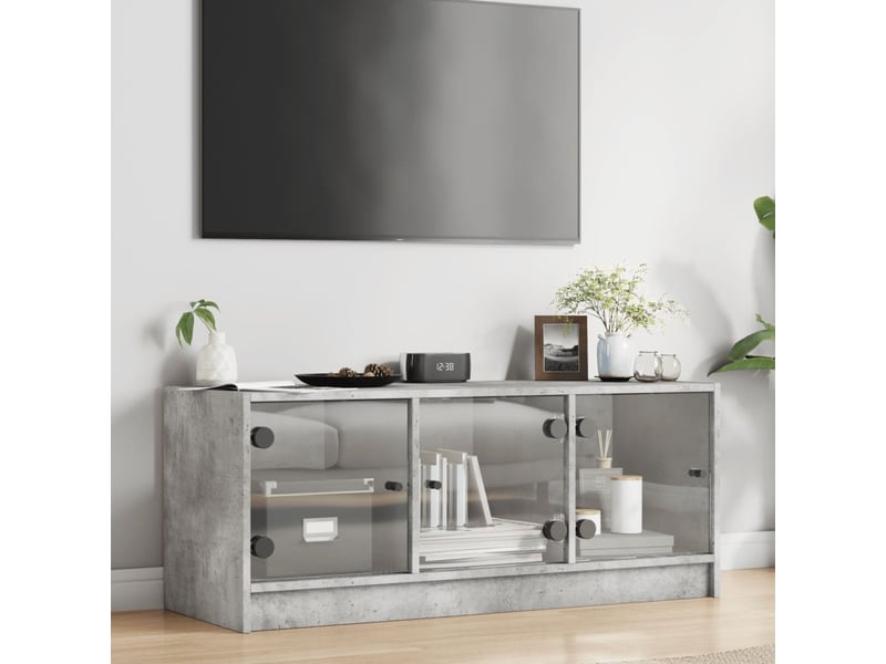  Meuble tv - banc tv - meuble de rangement avec portes en verre gris béton 102x37x42 cm  - Conforama C