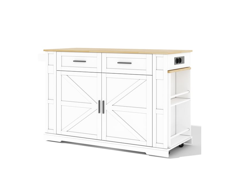  Îlot de cuisine avec plan extensible multiprise 2 tiroirs blanc et chêne  - Conforama B