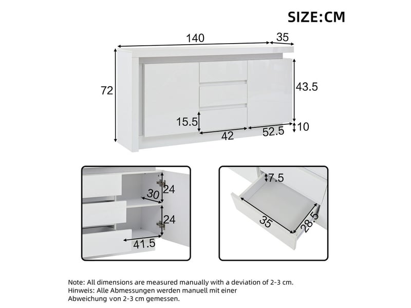  Buffet, trois portes, deux tiroirs, table d'appoint avec étagères réglables, éclairage led, buffet de canapé brillant, blanc  - Conforama C