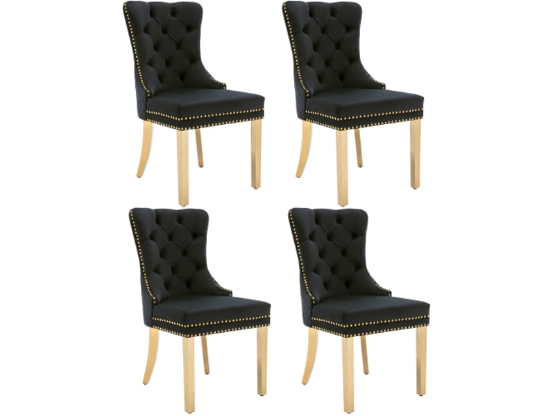  Lot de 4 chaises de salle à manger en velours noir avec accents de rivets, pieds en acier inoxydable plaqué or, sans accoudoirs  - Conforama A