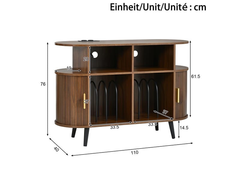  Buffet hifi avec 2 portes coulissantes, 4 niches, passe-câbles et station de charge en mdf noyer 110 × 40 × 76 cm  - Conforama C