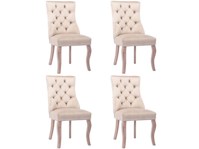  Lot de 4 chaises de salle à manger en velours beige avec dossiers hauts, coutures boutonnées, cadre en bois, sans accoudoirs  - Conforama A