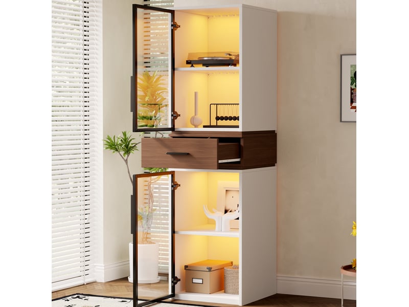  Vitrine murale en verre 40x40x200 cm avec éclairage led - meuble blanc avec deux portes vitrées et une tiroir  - Conforama B