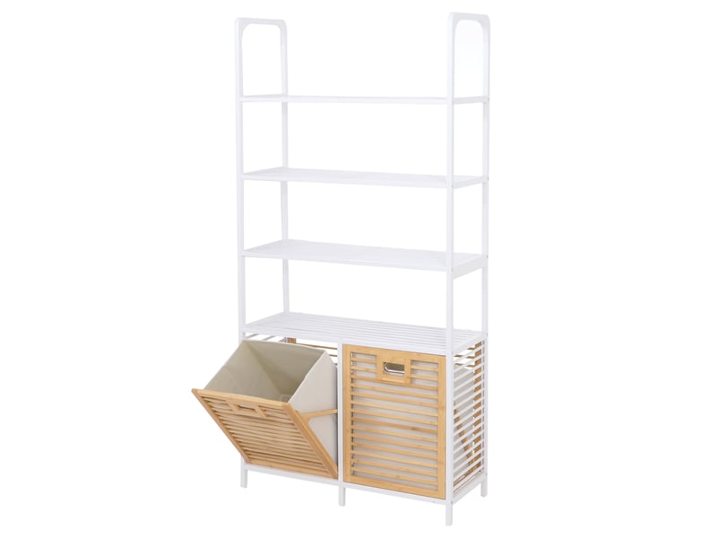  Armoire de salle de bains en bambou hwc-n83, armoire de salle de bains avec étagères, 2 paniers à linge, 4 tablettes, mvg 168 x 81 x 33 cm - blanc naturel, panier naturel  - Conforama A