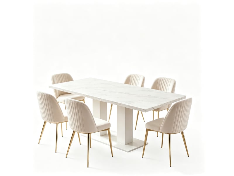  Ensemble table et chaises 6-8 pers, table extensible 140/180x70cm blanche, style épuré, 6 chaises velours beige/doré  - Conforama A