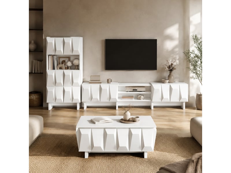  Ensemble de meubles de salon 3 pièces avec meuble tv, vitrine et table basse en panneaux de particules blanc  - Conforama B