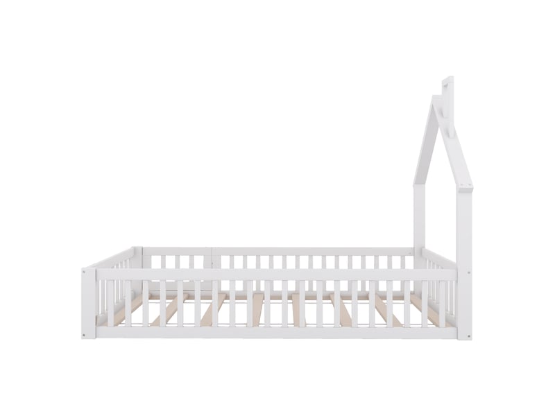 Lit cabane enfant 200×90 cm en forme de cheminée avec barrières et sommier à lattes, sans matelas, blanc et gris - Conforama E