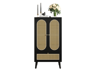 Buffet haut 60x40x110,5 cm avec portes cannage rotin, 2 portes, 1 tiroir et étagères, meuble rangement noir en panneau de particules