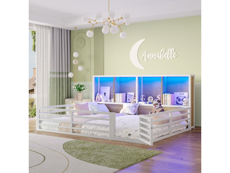  Lit adulte 140 × 200 cm 2 places avec barrière, rangements latéraux et éclairage led, sans matelas, blanc  - Conforama C
