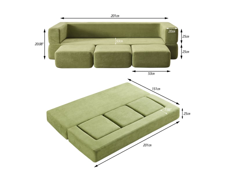  Canapé convertible 3 places modulaire avec 3 repose-pieds, fonction couchage et tapis de jeu en chenille vert  - Conforama C
