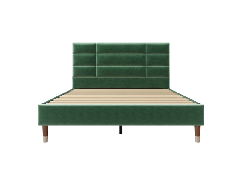  Lit adulte double 140x200 cm en velours vert foncé avec sommier à lattes et matelas  - Conforama E
