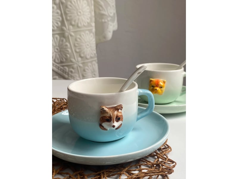  Ensemble tasse, soucoupe et cuillère, bull-terrier rose, céramique, 200 ml  - Conforama D