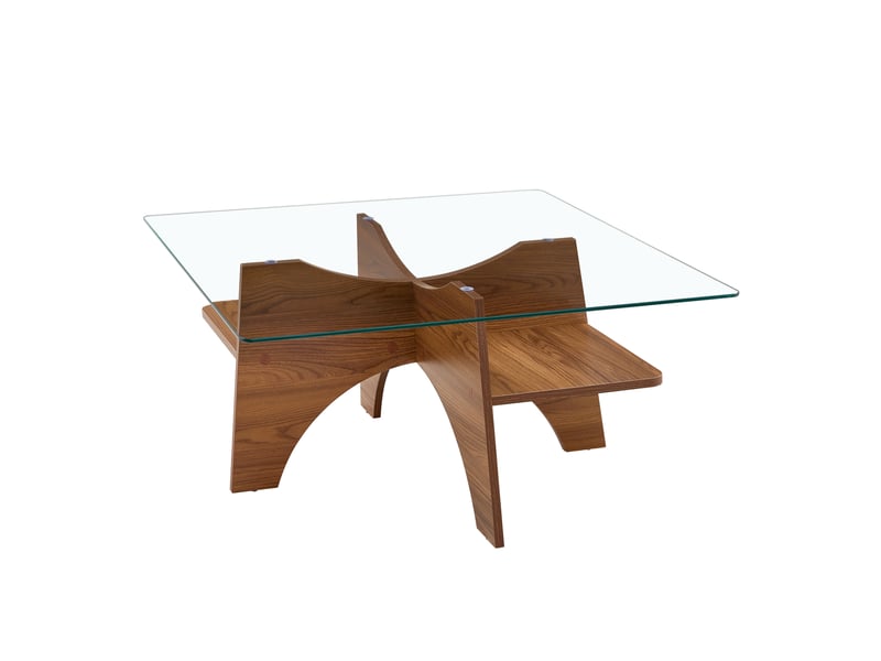  Table basse carrée fixe en verre de sécurité avec rangement, structure mdf noyer, style moderne, 80 × 80 × 40 cm  - Conforama A