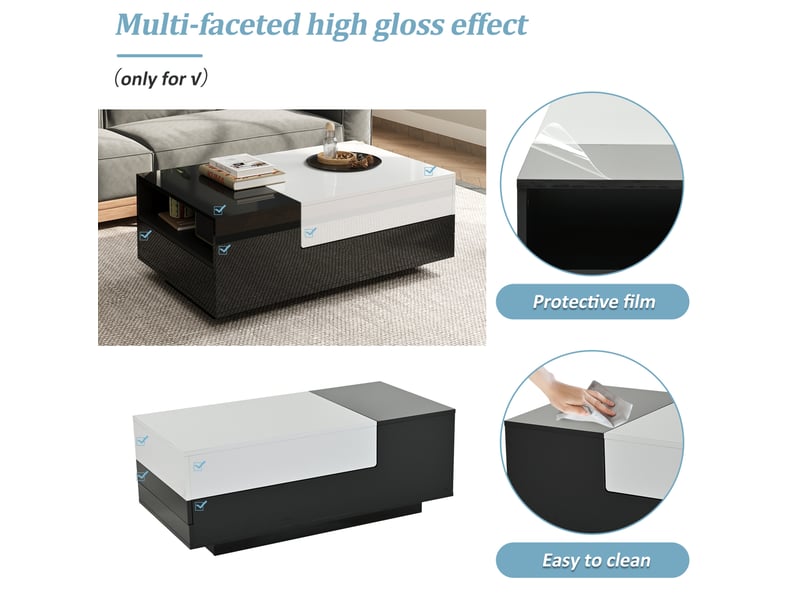  Table basse rectangulaire 100x50x38 cm, 2 tiroirs, plateau coulissant, rangement, panneaux de particules noir et blanc  - Conforama E
