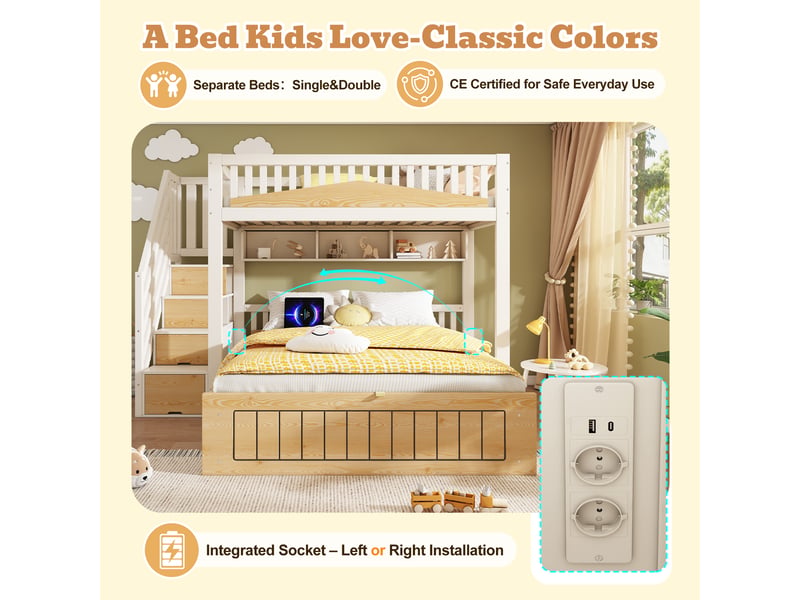 Lit superposé 3 places 140x200 cm avec rangement et led , lit coffre enfant avec usb-c, prises et rangements, bois et métal naturel blanc, sans matelas - Conforama R
