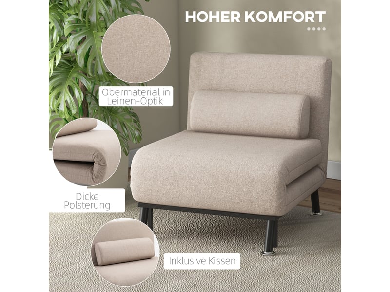 Fauteuil convertible en lit beige effet lin, dossier réglable, assise mousse, couchage une place pour salon et chambre d'amis - Conforama E