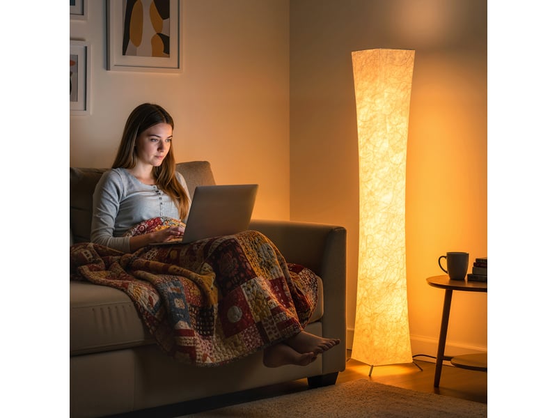  Lampadaire avec abat-jour en papier, interrupteur au pied, 3 niveaux d'intensité lumineuse, blanc  - Conforama C