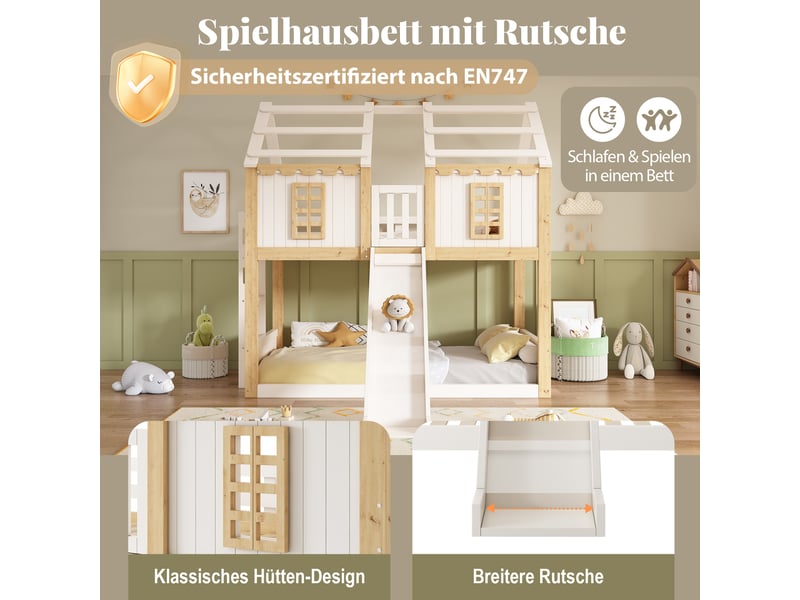  Lit superposé enfant 90x200 - lit cabane bois avec toboggan - barrière sécurité 360° et échelle flexible - enfants - blanc naturel  - Conforama C