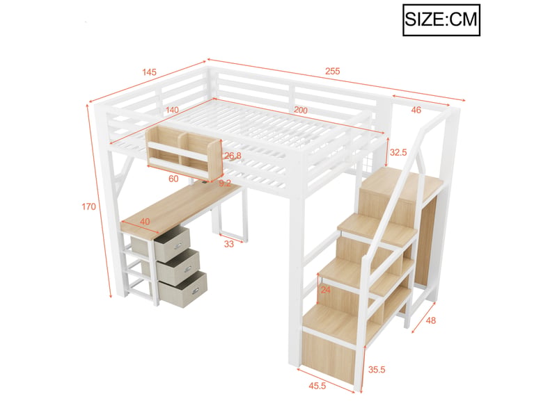 Lit mezzanine modenvie 140 x 200 cm avec bureau, 3 tiroirs, rangements, armoire, led, métal et mdf blanc  - Conforama C