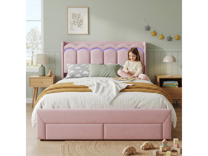  Lit enfant rembourré 140 x 200 cm, 2 tiroirs au pied, tête de lit ondulée avec tablette et led connectée, rose evarich - Conforama E