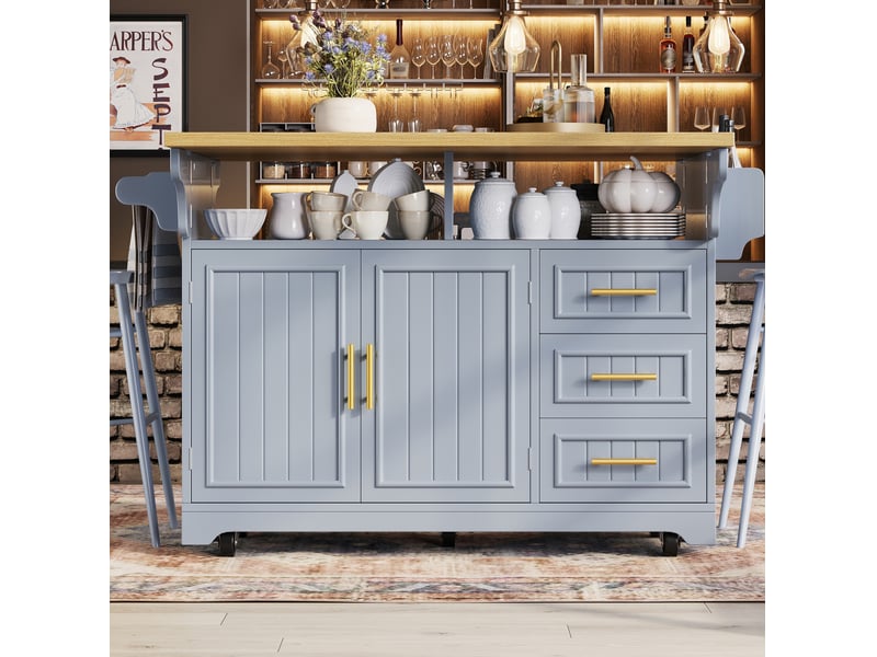  Desserte 2 portes 3 tiroirs - îlot de cuisine mobile à plateaux rabattables 143x40x95 cm mdf bleu gris  - Conforama B