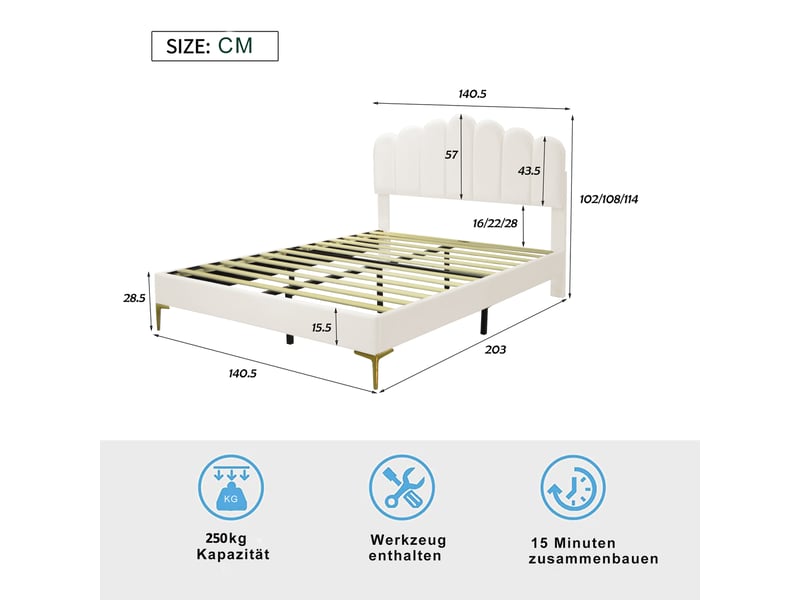 Lit double 140x200 cm en velours beige, tête de lit réglable et sommier à lattes  - Conforama C