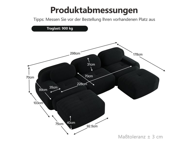  Canapé d'angle modulable 5 places en velours côtelé noir, sans montage, 298x178x70 cm  - Conforama C