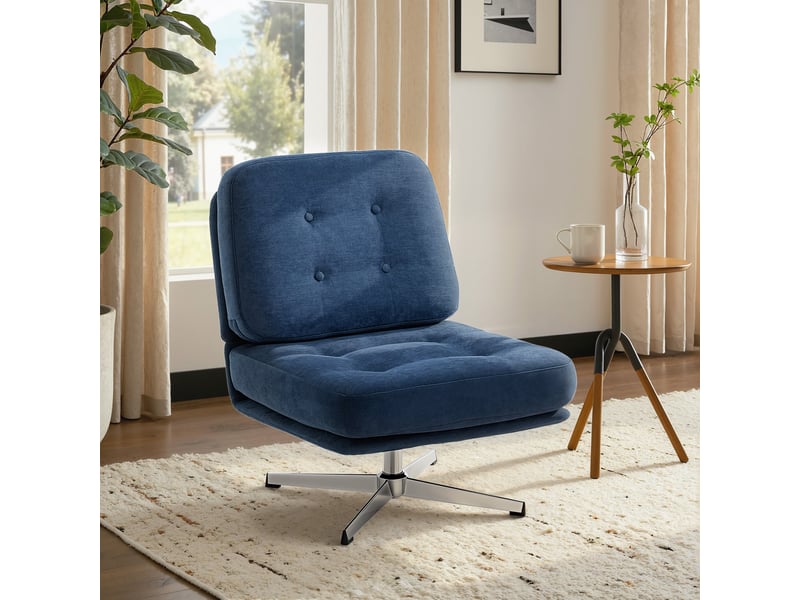  Fauteuil salon sans accoudoir chaise pivotante en tissu chenille assise large, pieds croisés 70 x 87 x 84 cm bleu foncé  - Conforama D
