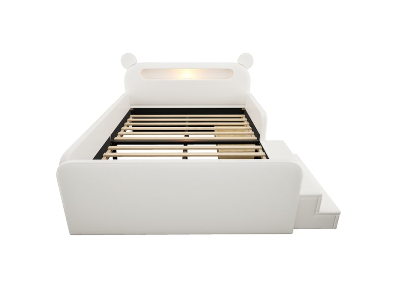  Lit enfant 140x200 cm en similicuir blanc, tête de lit ours, veilleuse, usb et rangement  - Conforama E