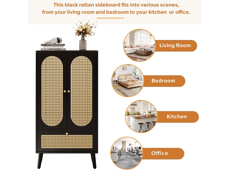 Buffet haut 60x40x110,5 cm, 2 portes, 1 tiroir, 2 compartiments rangement, panneaux de particules, noir - Conforama D