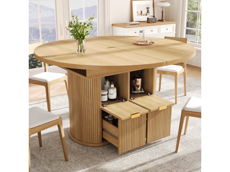 Table à manger extensible 118158 x 118 x 76,8 cm, 4 à 6 personnes, 2 tiroirs, rangements rabattables, relief vertical, poignées métal, chêne clair Bliss Lite - Conforama E