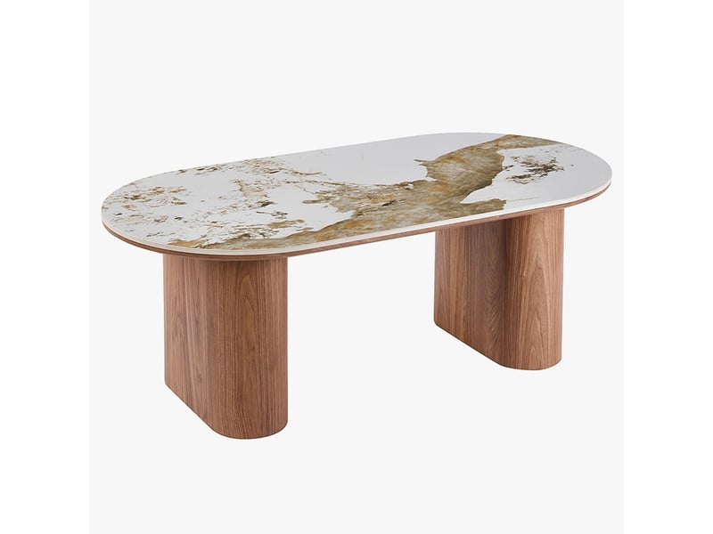  Table basse en pierre frittée blanc pieds couleur bois clair  - Conforama A