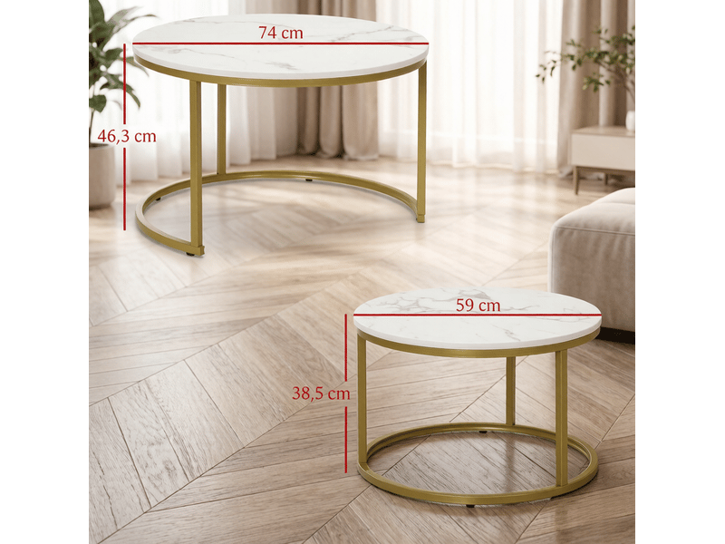  Lot de 2 tables basses rondes gigognes, effet marbre blanc et structure dorée  - Conforama E