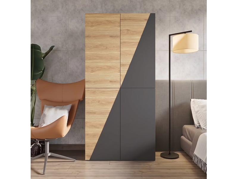  Armoire 2 portes avec penderie, porte-pantalons, boîte et 2 tiroirs en mdf, bois et gris, 90 × 50 × 200 cm  - Conforama D