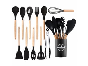 Set de 12 ustensiles de cuisine,meulva,32x10x10 cm,avec support,silicone,noir
