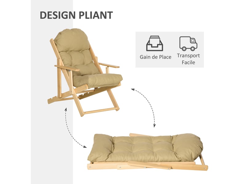  Fauteuil chaise de salon pliable et inclinable en bois fauteuil relax confortable avec coussin capitonné épais - marron clair 71 x 89 x 96 cm  - Conforama R