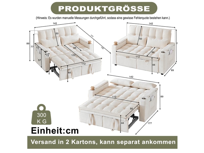 Canapé convertible 3-en-1, canapé 2 places avec rangement 142x89x89 cm en chenille beige - Conforama C
