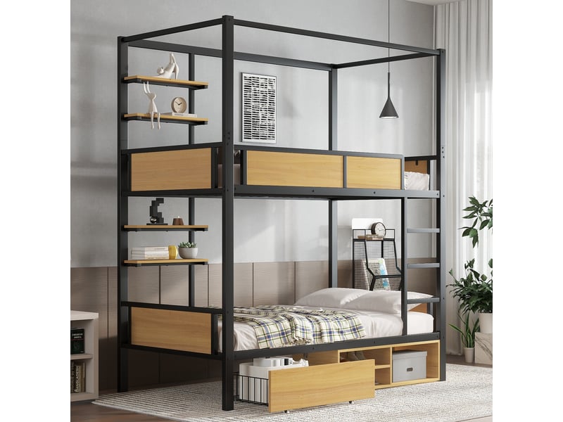  Lit superposé 90x200 cm avec rangement et échelle, noir et naturel  - Conforama B