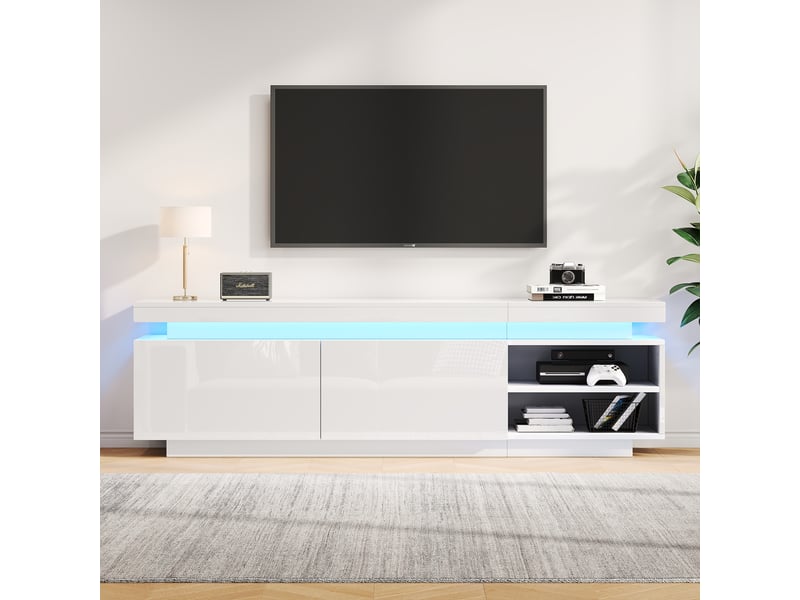  Meuble tv bas laqué brillant rayofi 170 cm avec éclairage led, support tv jusqu'à 70 pouces, 2 portes, 2 étagères ouvertes, blanc  - Conforama R