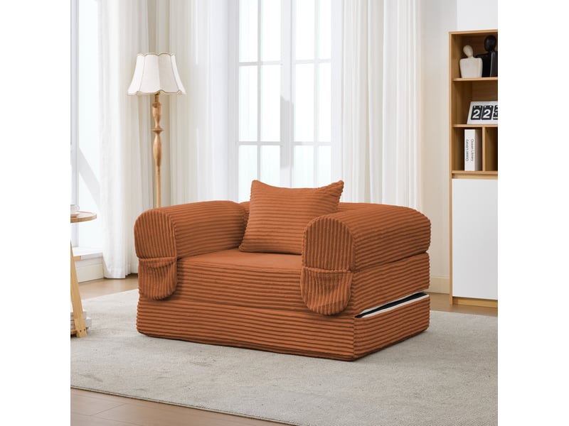  Fauteuil convertible 1 place en velours côtelé orange, 2-en-1 sans outil, avec coussin, pour petit espace  - Conforama E