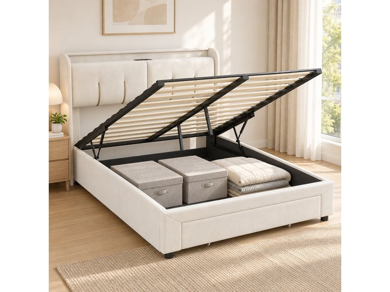  Lit coffre 2 places 140x200 cm, lit adulte avec rangement, ports usb, led, tiroir, velours blanc  - Conforama B