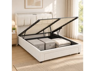 Lit coffre 2 places 140x200 cm, lit adulte avec rangement, ports usb, led, tiroir, velours blanc