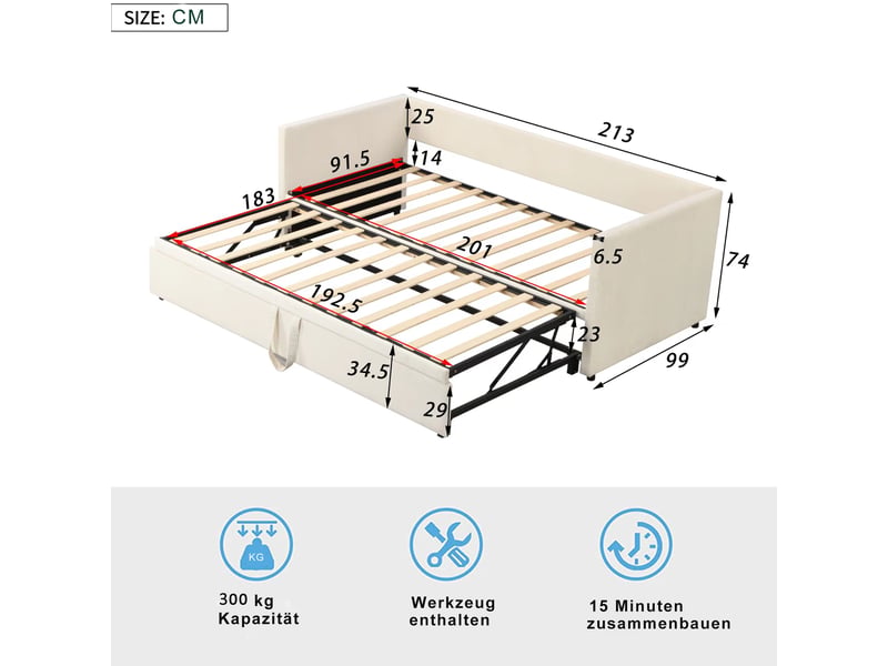 Lit capitonné banquette 90 x 200 cm ,extensible,avec sommier à lattes, velours doux pour la peau, beige - Conforama D
