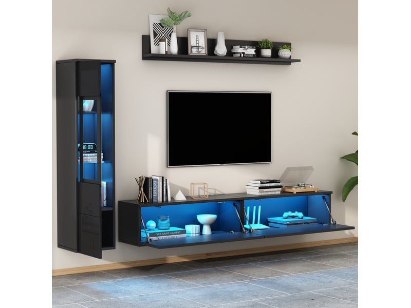 Ensemble meuble tv 3 éléments avec éclairage led, façades brillantes, noir - Conforama C