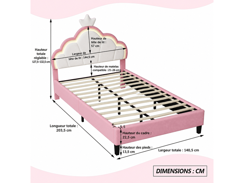  Lit double 140 x 200 cm avec led, lit princesse capitonné avec tête de lit  en forme de couronne réglable, lit rembourré avec sommier à lattes, sans matelas, velours, rose  - Conforama C
